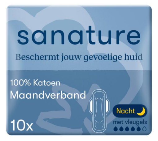 Sanature - Maandverband - Ultra Night - Met Vleugels - 100% Katoenen - 10 Stuks